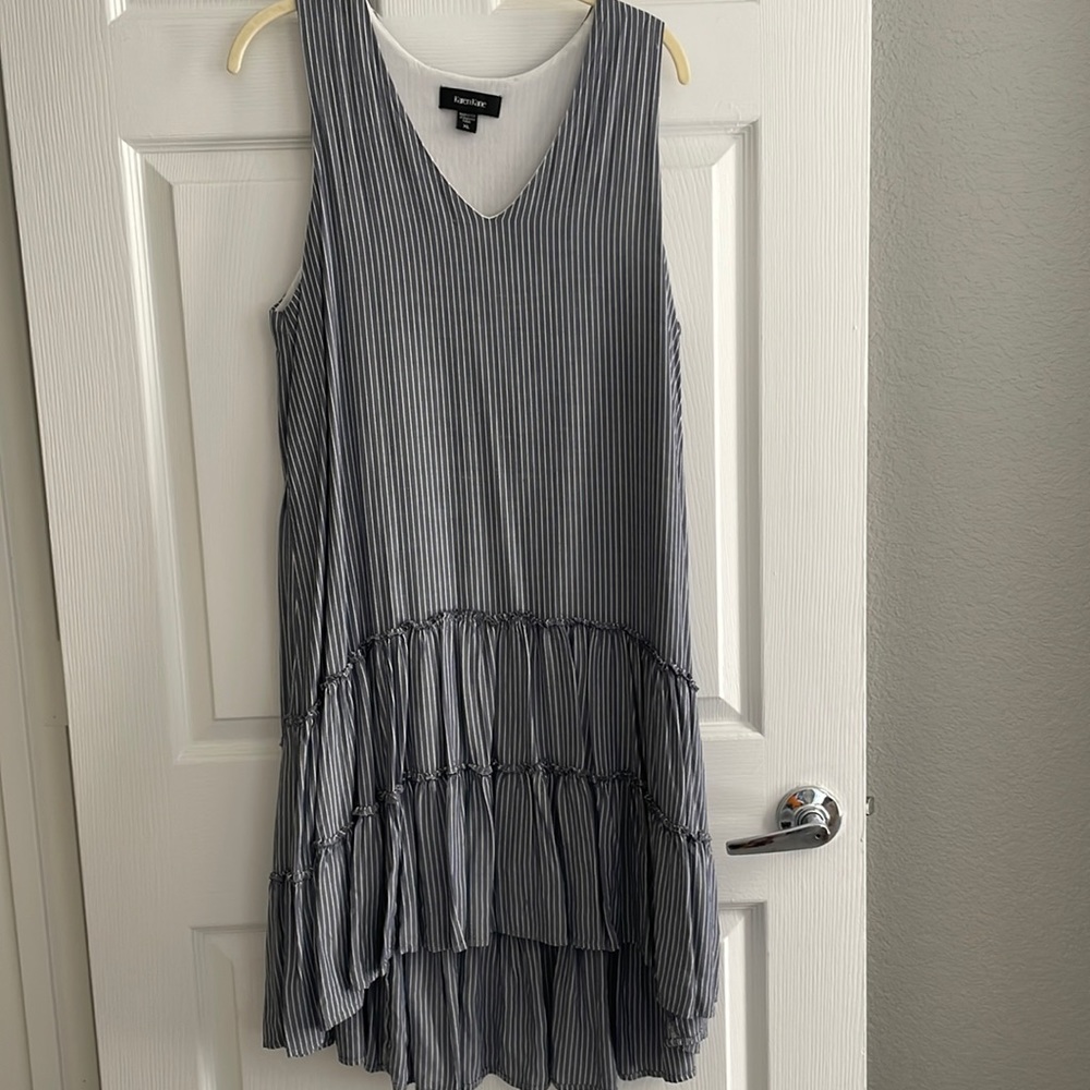 Karen, Kane, sleeveless, V-neck dress blue and white stripe